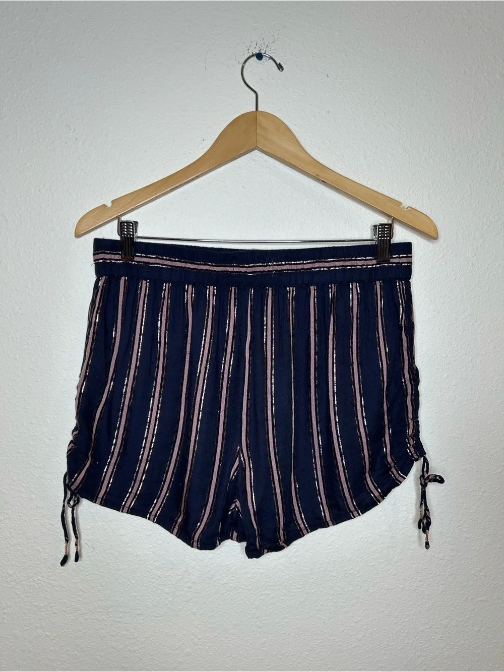 Anthropologie Navy & Pink Metallic Striped Woven Drawstring Shorts M